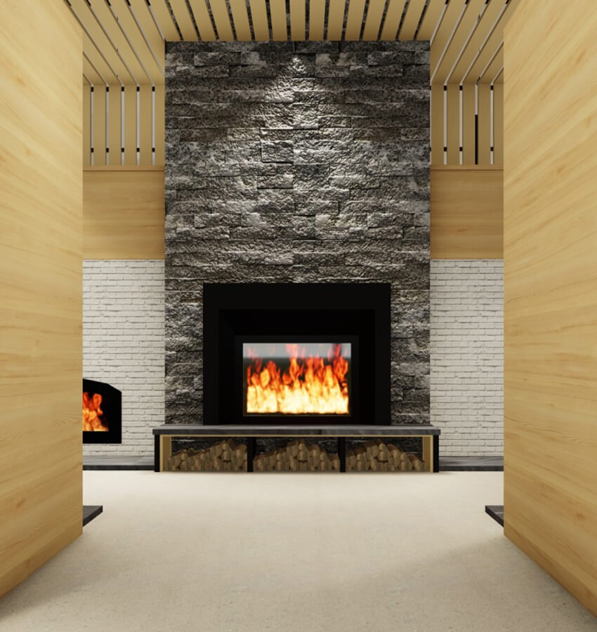 Modern Stone Wood Fireplace Display