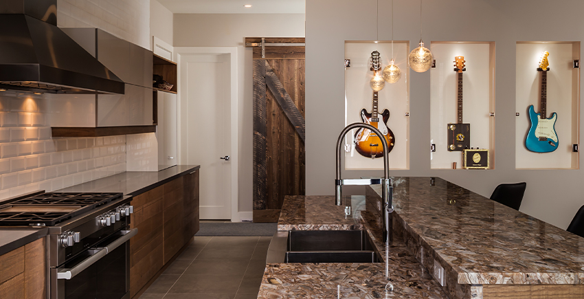 Custom Kitchen Island, Stove and Guitar Display Case