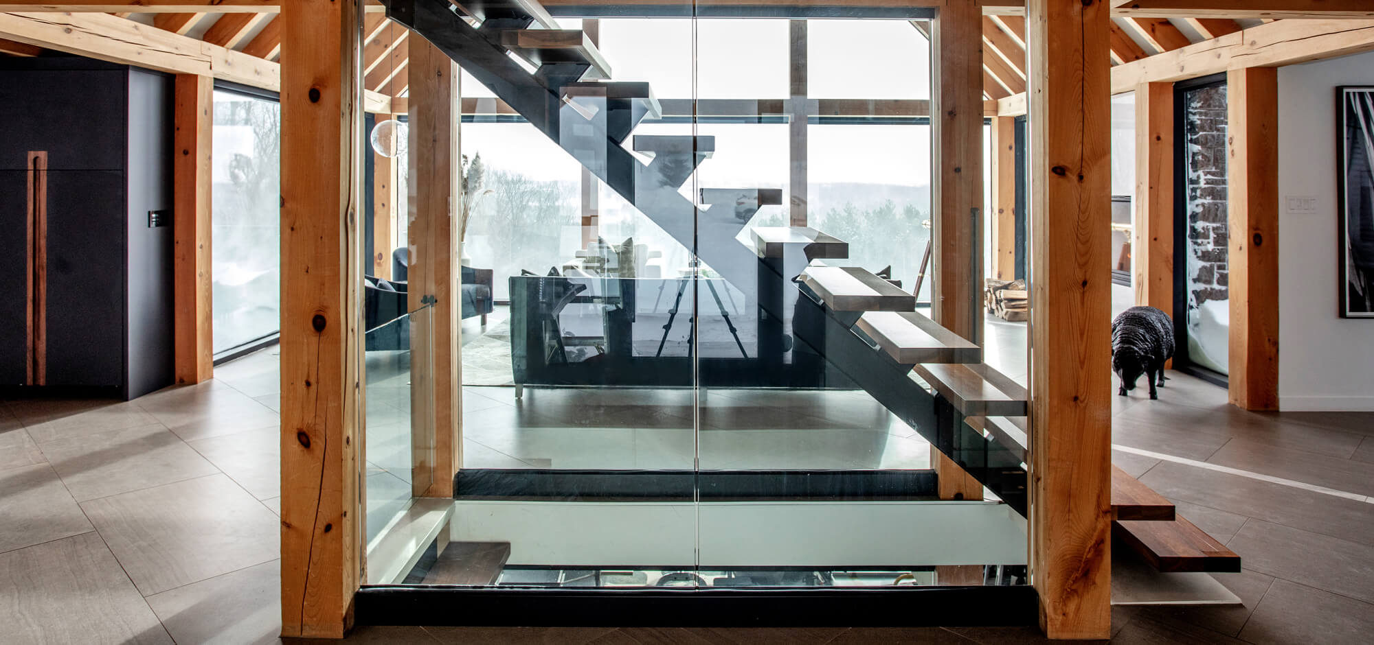 Modern Timber Frame House Staircase & Living Room