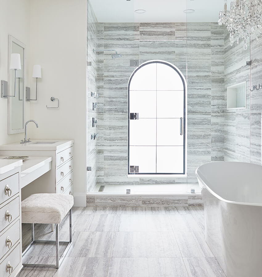 White Ensuite Bathroom with Double Vanity Freestanding Tub Makeup Table