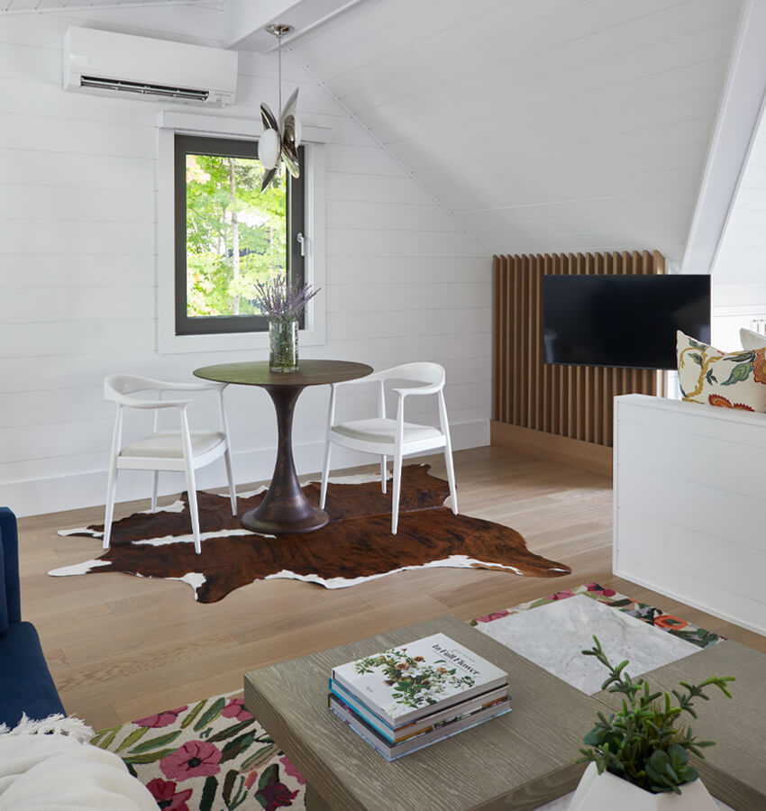 Eclectic dining room with hide rug