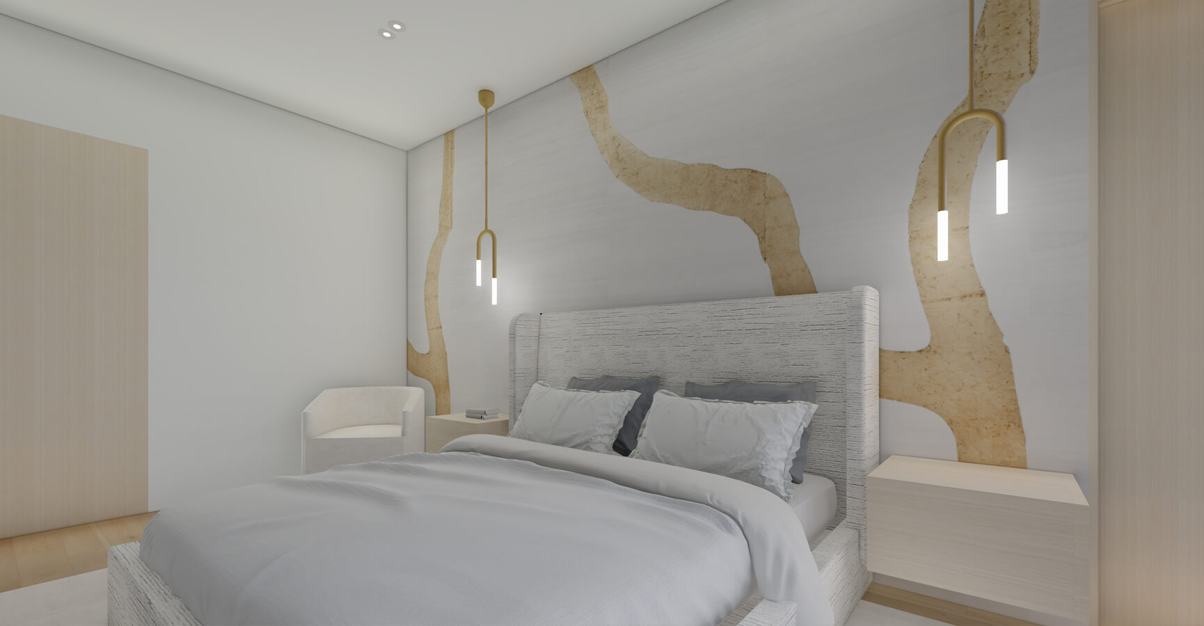 light-bright-guest-bedroom-design-with-bed-and-gold-wallpaper