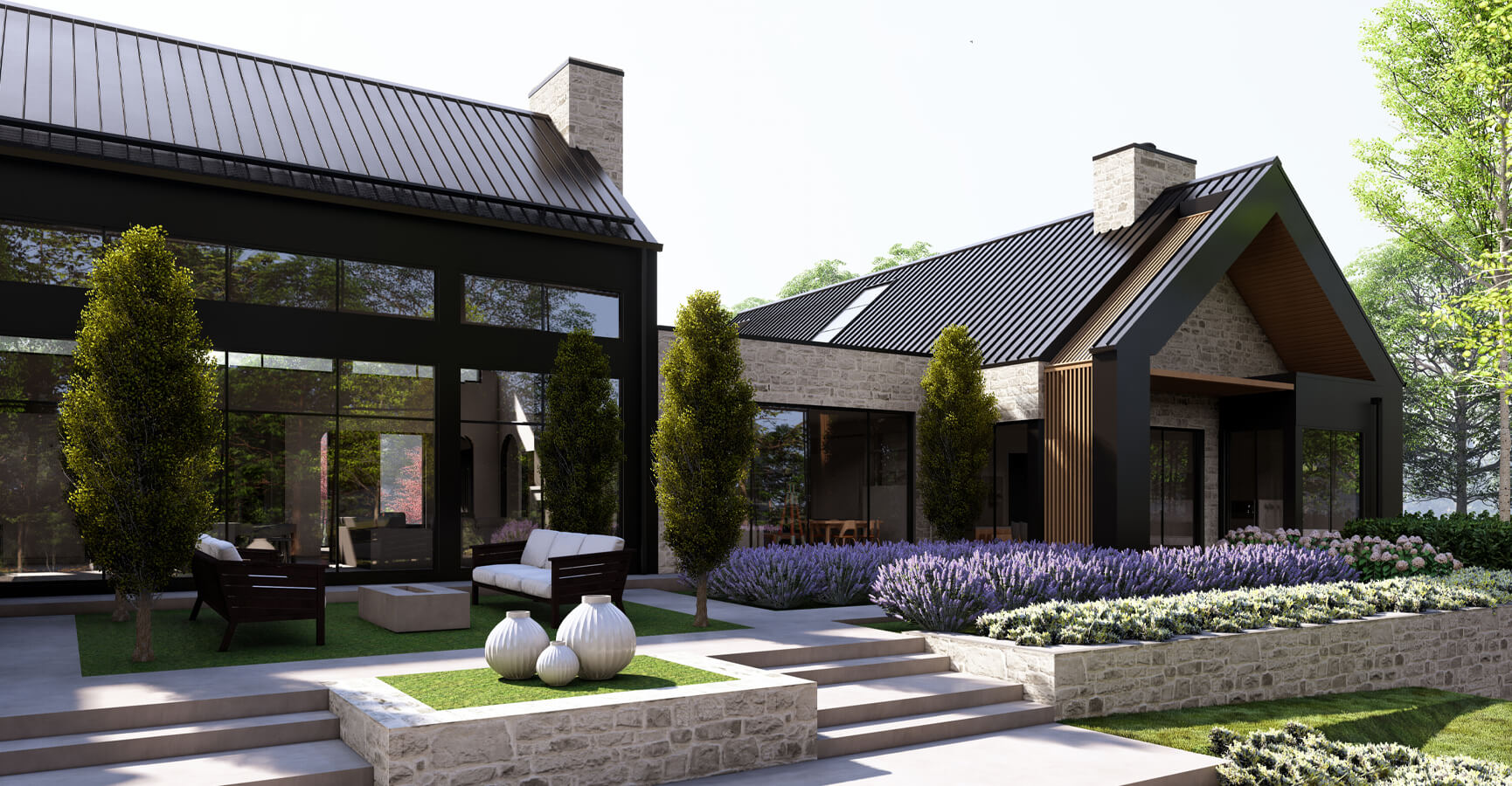 Interior design outside of the house and landscaping with purple lavender on the porch